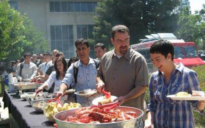 corporate onsite catered lunch with Sam's ChowderMobile serving buffet-style Lobster Clambake