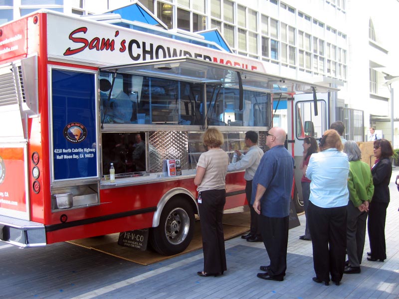 Sam's ChowderMobile serving business people at downtown location on their route schedule