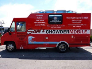 Sam's ChowderMobile food truck parked on a sunny afternoon