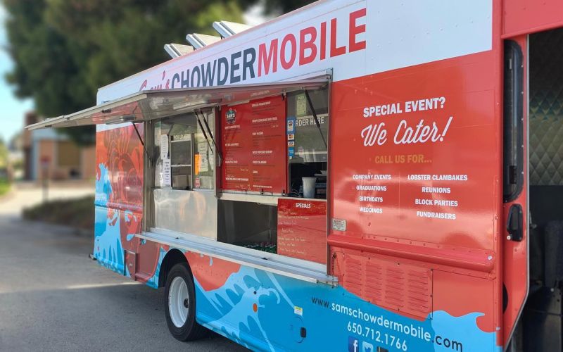 Sam's ChowderMobile food truck parked with serving window open