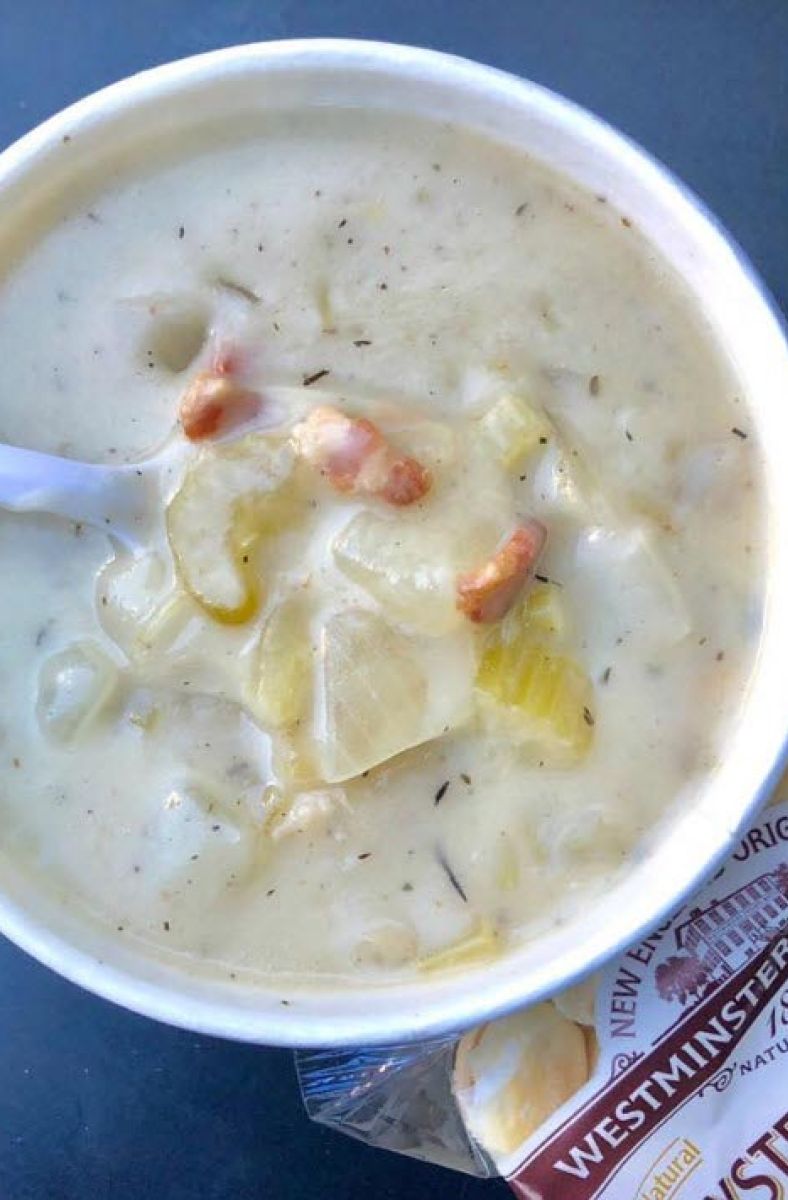 closeup of hot cup of Sam's famous New England Clam Chowder